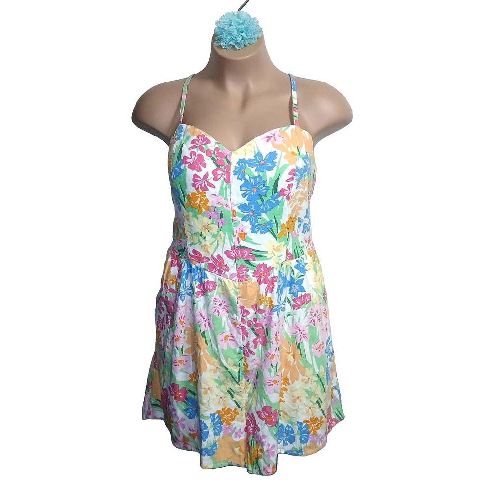 Old Navy Women Linen Blend Romper XXL Khaki Floral Sweetheart Smocking Summer